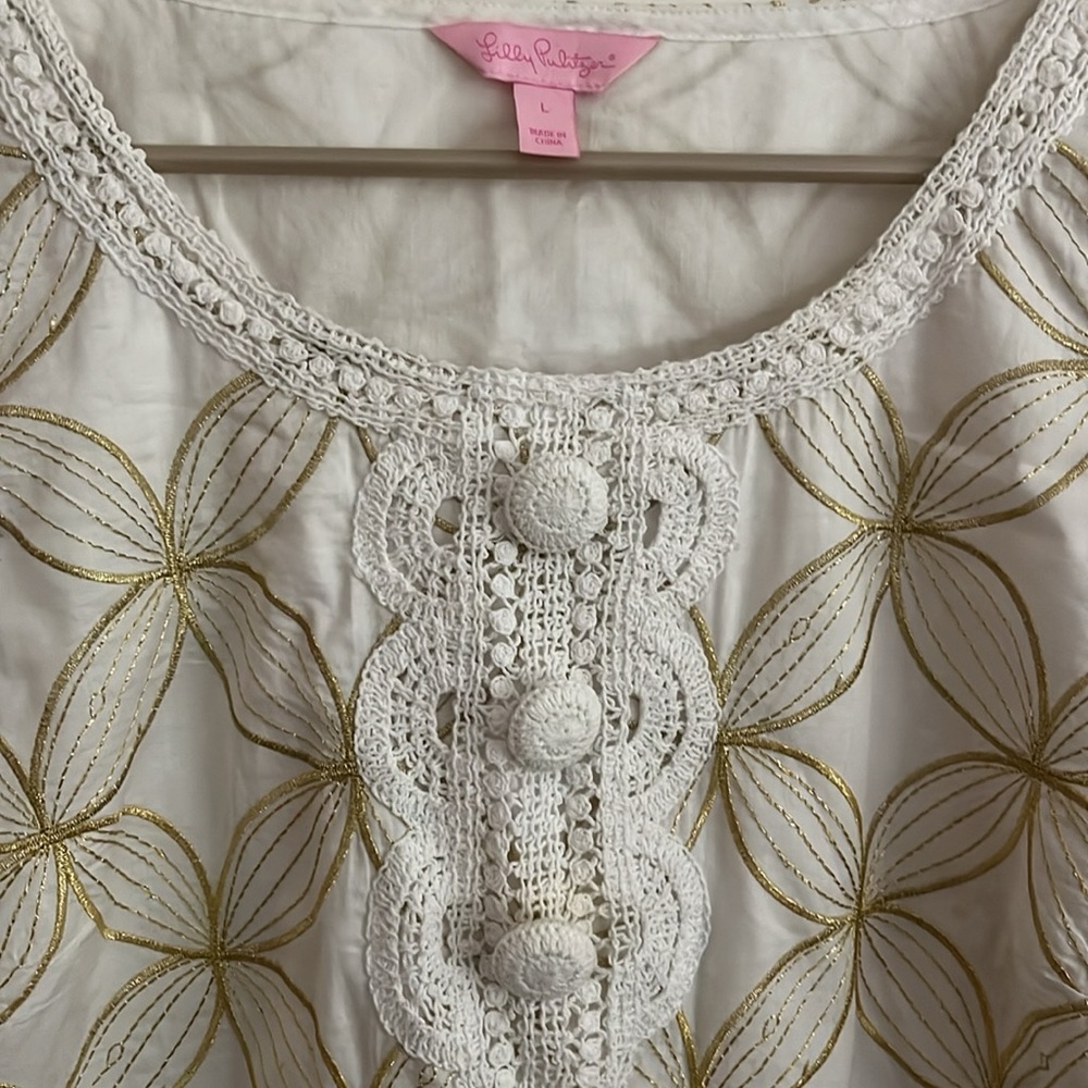 Women’s Lilly Pulitzer Size L Shannon Gold Embroidered Tunic Top 3/4 Sleeves - Picture 3 of 6